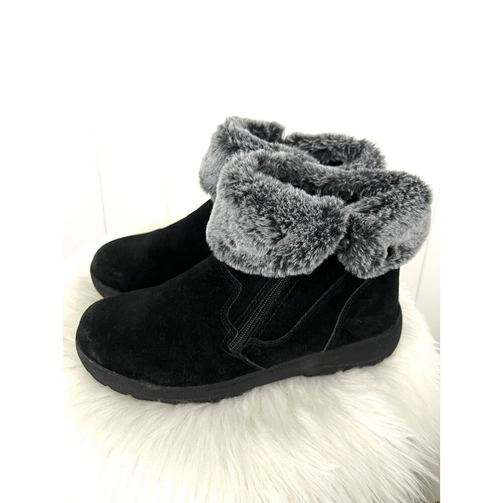 Khombu Jessica Black Leather Suede Vegan Fur Trim Ankle Boots 9M Comfort